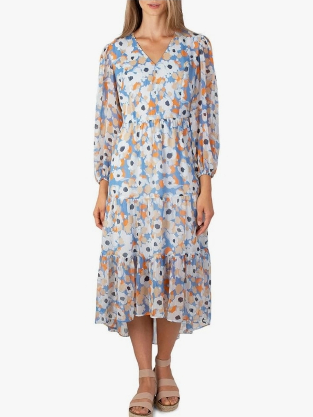 🤠🦋Joie Floral 268$ Retail Sky Blue Floral V-Neck Tiered Midi Dress Size XXL